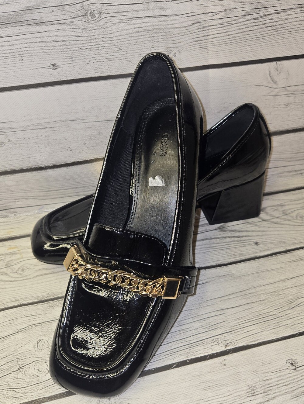 ASOS DESIGN Black Patent Chain Loafers Heels Women’s Size 8 Gold Hardware Square